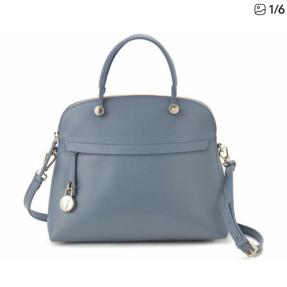 Furla Piper Dome M Satchel Crossbody Bag in blue cobalto leather. With dust bag